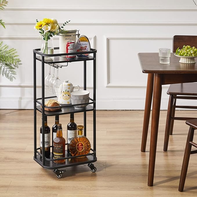 IBUYKE 3-Tier Home Bar Serving Cart,Kitchen Storage Carts with Wheels,11.79x15.72x33.01 inches,Rolling Mini Bar Cart for Home, Outdoor, Kitchen, Bedroom TMJ319B