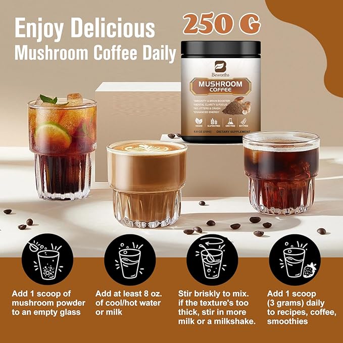 250g Mushroom Coffee - Lion's Mane Mushroom Instant Coffee Powder with Lions Mane, Reishi, Chaga, Cordyceps, Turkey Tail - Mushroom Alternative Coffe for Energy, Mental Clarity & Focus, Brain Booster