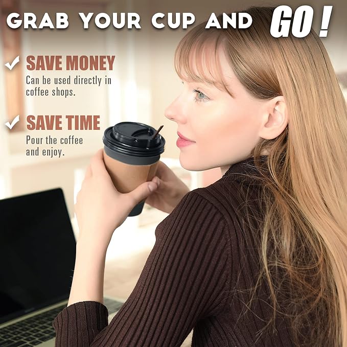 100 Pack - 12 oz Disposable Coffee Cups To Go with Lids Sleeves and Straws 100% Biodegradable & Compostable Pla Eco Friendly Paper Coffee Cups for Tea Coffee Hot Chocolate