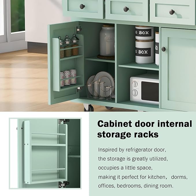 Rolling Kitchen Island with 2 Bar Stools, Drop Leaf, Cabinet Door Storage Racks & 3 Drawers, Mobile Kitchen Cart with Rubberwood Top & Locking Wheels for Dining Room & Kitchen, 53-Inch, Mint Green