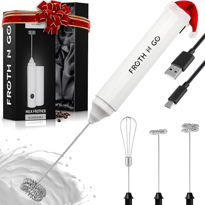 Zulay Froth N Go Milk Frother – Rechargeable 3-in-1 Handheld Frother Wand with Travel Case & USB-C Charger – Single, Double & Egg Whisk for Latte, Cappuccino, Matcha, Protein Shakes – White