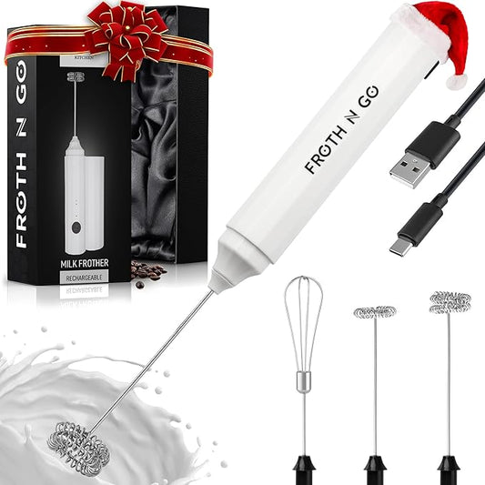 Zulay Froth N Go Milk Frother – Rechargeable 3-in-1 Handheld Frother Wand with Travel Case & USB-C Charger – Single, Double & Egg Whisk for Latte, Cappuccino, Matcha, Protein Shakes – White
