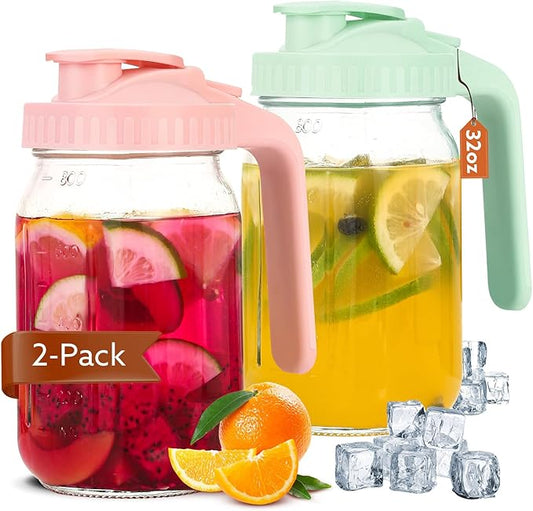 Breast Milk Pitcher, 32 OZ Mason Jar Pitcher with Lid Double Leak Proof,1 Quart Breastmilk Storage Containers for Fridge, Glass Jug for Sun Tea, Juice, Cold Brew Coffee