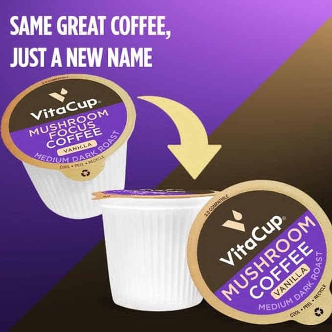 VitaCup Mushroom Coffee Pods, Vanilla Flavored Coffee with Chaga, Lion’s Mane, Vitamins, Medium Dark Roast Arabica Beans, Single Serve Pods Compatible with Keurig K-Cup Brewers, 16 Ct