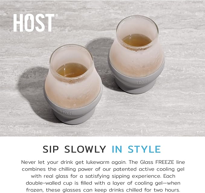 Host Glass Sipping FREEZE Insulated Drinking Glasses for Bourbon, Double Walled Glasses with Active Cooling Gel, Glass Cups Gray 6oz Set of 2