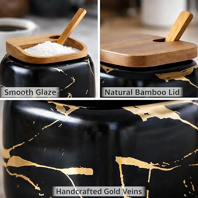 3 Pcs Porcelain Condiment Jar Pot Spice Container Ceramic Seasoning Jar with Lid Spoon and Tray Great for Home Kitchen Counter, Black