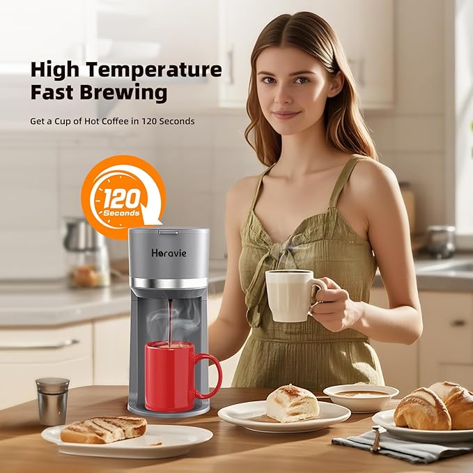 Mini Single Serve Coffee Maker for K Cup Pods and Ground Coffee, Fast Brew One Cup Coffee Machine with Descaling Reminder and Water Window, 6 to 12 oz. Brew Sizes, Gray