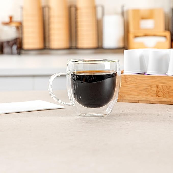 Restaurantware Coffee Cup 12 Pack of 8.45 oz Insulated Double-Wall with Handle Glass Borosilicate Coffee Cup Espresso Shot Dishwasher Safe For Hot Drinks