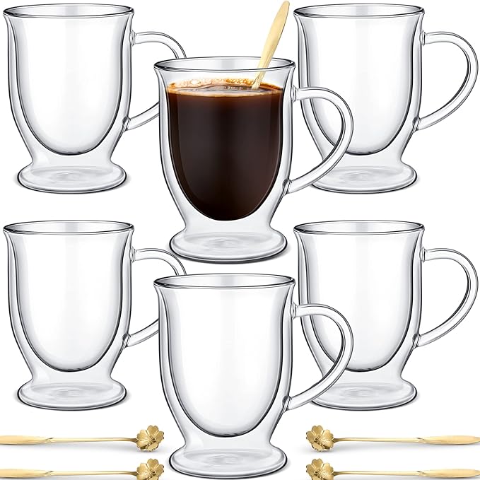 Gejoy 6 Sets Double Wall Glass Coffee Mugs with Spoon Insulated Clear Coffee Mug with Handle Borosilicate Glass Coffee Cups Latte Cup for Cappuccino, Tea, Latte, Espresso, Hot Beverage(16 OZ)