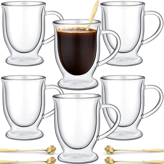Gejoy 6 Sets Double Wall Glass Coffee Mugs with Spoon Insulated Clear Coffee Mug with Handle Borosilicate Glass Coffee Cups Latte Cup for Cappuccino, Tea, Latte, Espresso, Hot Beverage(16 OZ)