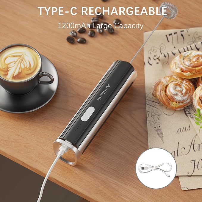 Handheld Milk Frother Wand, Rechargeable Electric Whisk with 3 Speeds & 3 Stainless Heads, Milk Foam Maker with Stand for Latte, Cappuccino, Hot Chocolate, Egg