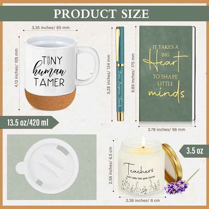 4 Pcs Tiny Humans Tamer Teacher Appreciation Gift Set for Mom Preschool Kindergarten Daycare Teacher Thank You Notebook Coffee Mug Cup with Lid Scented Candle Ballpoint Pen