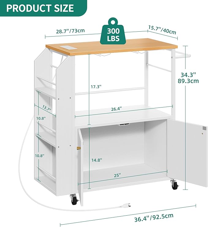 YITAHOME Kitchen Island Cart with Power Outlet, 36 Inch Mobile Kitchen Cart with Open Shelves, Rolling Portable Serving Utility Carts on Wheels with Storage for Kitchen, Dining Room, White