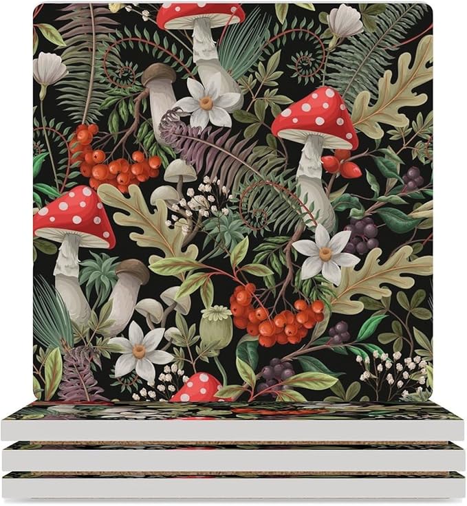 Square-4PCS Botanical Drink Coasters, Square Modern Ceramic Absorbent Coasters, Wild Floral Botanical Mushroom Nature Plants Herbs Decor Desk Coffee Table Coaster for Beverage Cup Tea Coasters