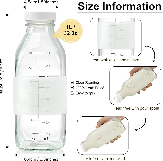 32 oz Reusable Glass Milk Bottles with Leak Proof Lid and Pour Dispenser, 1 Liter Juice Bottles with Scale, Glass Pitchers with Sleeve, Milk Storage Containers for Fridge [2 Pack]