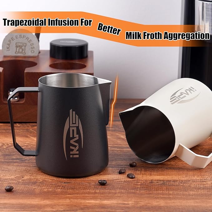 IKAPE Coffee Products, 600ml Milk Frothing Pitcher, Stainless Steel Milk Steaming Pitchers, Cappuccino Latte Art Barista Steam Pitchers Coffee Milk Frother Cups(20 oz)(Black)
