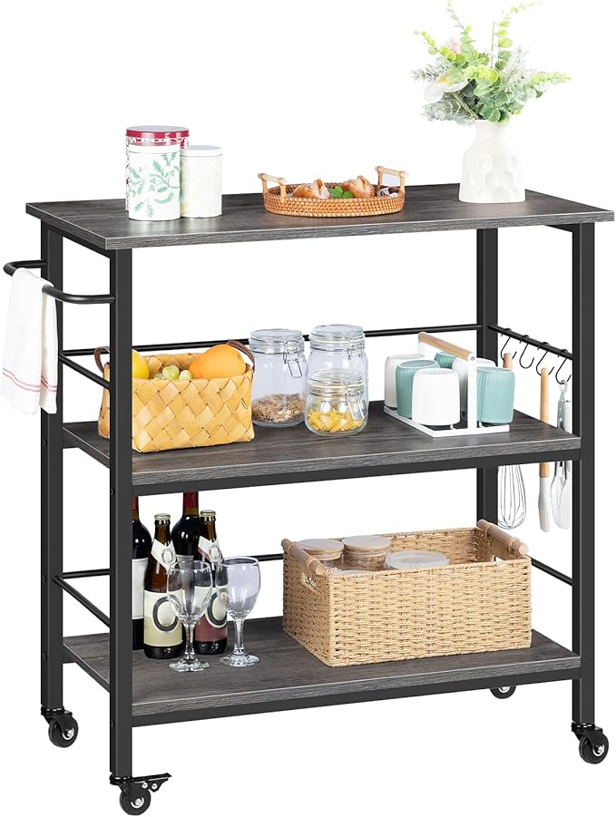 HOOBRO Kitchen Island with Storage,Industrial Kitchen Island on Wheels and Side Enclosures, 3 Tier Kitchen Cart with Large Workstation, Stable, Easy Assembly, Charcoal Gray and Black BC03ZD01
