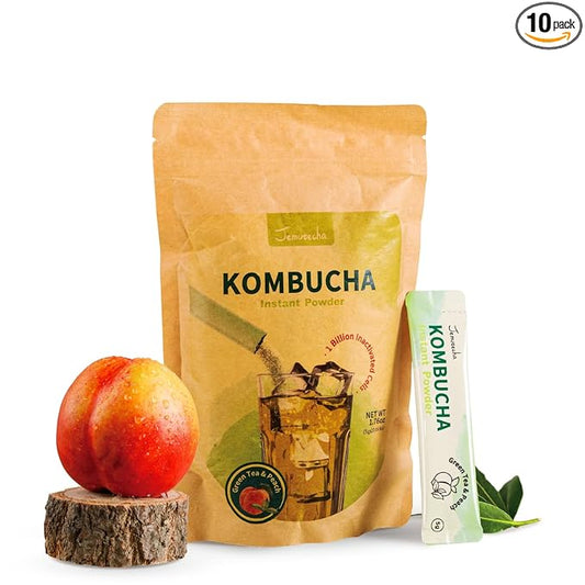 Jemutecha Green Kombucha Tea Powder, Organic, Low Sugar, Live Probiotics & Postbiotics, Antioxidant, Gluten Free, Healthy Drink Supports Gut Health, 10 Sticks, 1.76oz