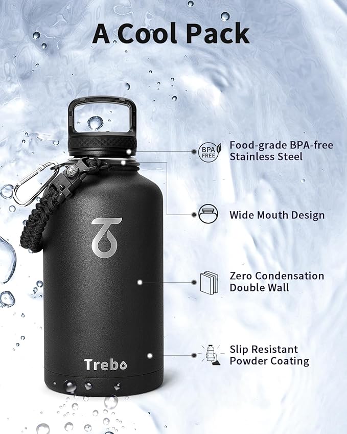 Trebo 64oz Water Bottle,Large Stainless Steel Water Jug with 3 Lids, Triple Wall Vacuum Sports Thermo bottle Keep Hot 24 Hours & Cold 48 Hours,Wide Mouth Flask,Black