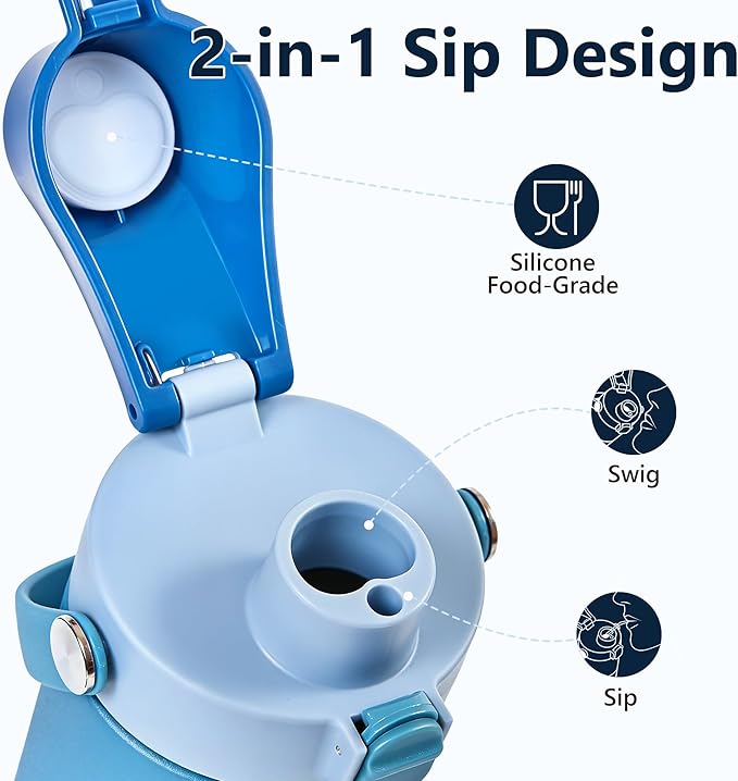 2 IN 1 Replacement Lid for Owala Freesip, Compatible with Owala Cup 16oz 24oz 32oz 40oz, One Button Water Bottle Top Lid Replacement Accessory and Straws, Leakproof, BPA-Free, Grayish Blue