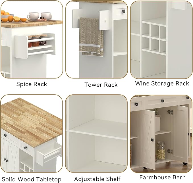 Kitchen Island with Storage, Rolling Kitchen Islands Cart with Solid Wood Countertop, Mobile Drop Leaf Kitchen Prep Table on Wheels with Wine Rack and Drawers