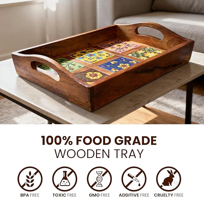Craft Trade Mango Wood Serving Tray with Handle and 6 Fitted Floral Ceramic Tiles Wooden Platters Perfect for Breakfast Tea Coffee Snacks Dinner 30x23x8 cm Rectangle