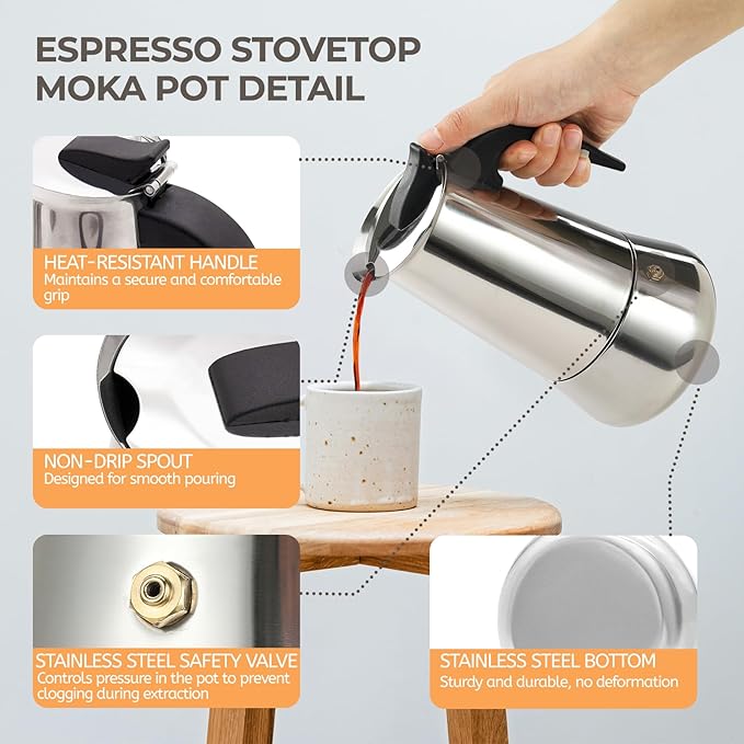 4 Cup 200ml Moka Pot Stainless Steel Espresso Coffee Maker Stovetop Percolator Coffeemaker Italian Classic Style Brewing Greca Cafe Mocha Machine for Cafeteras Lover Camping Travel and Home Use 6.6oz