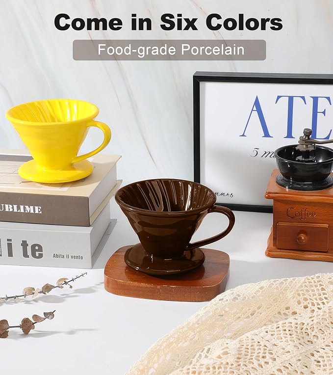 Pour Over Coffee Dripper - Ceramic Cup, Pour Over Coffee Maker Cone, Porcelain Cone, Easy Manual Brew Maker - Strong Flavor Brewer for Home, Cafe, Office - 1-4Cup, V60 Size 02 (Brown)