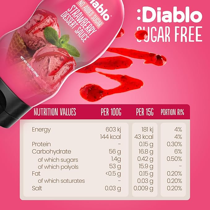 Diablo Strawberry Dessert Sauce | No Added Sugar | Gluten Free | Diabetic Friendly | Hamper Available - Perfect for Gifting | 355g 12.52oz