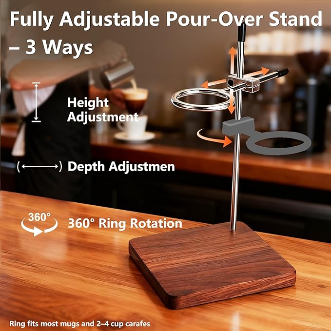 COZYGIFT Pour Over Coffee Stand with American Black Walnut Base, Adjustable Coffee Dripper Stand, Wooden Brewing Station, Cone Holder, Elegant Gift for Brew Enthusiasts, Home Barista & Kitchen Décor