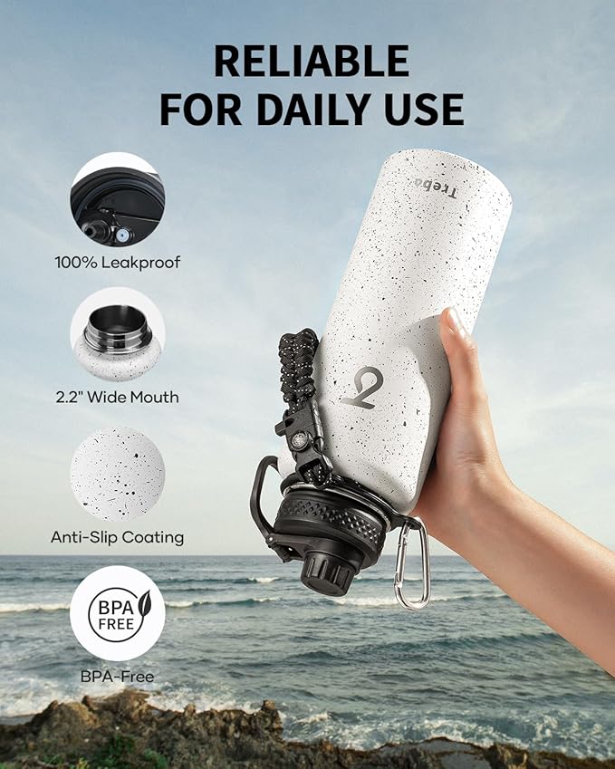 Trebo Water Bottle 40oz with Paracord Handle, Half Gallon Large Vacuum Double Wall Stainless Steel Insulated Water Jug with Holder Strap Straw Spout Lids, Leakproof Keep Cold & Hot,Starry White