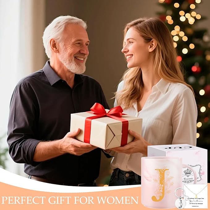 Monogrammed Valentine Day Gifts for Women, 11 oz Initial Ceramic Coffee Tea Mug with Necklace, Unique Mohters Day Birthday Gift for Her Wife Teacher Friend Mom, J