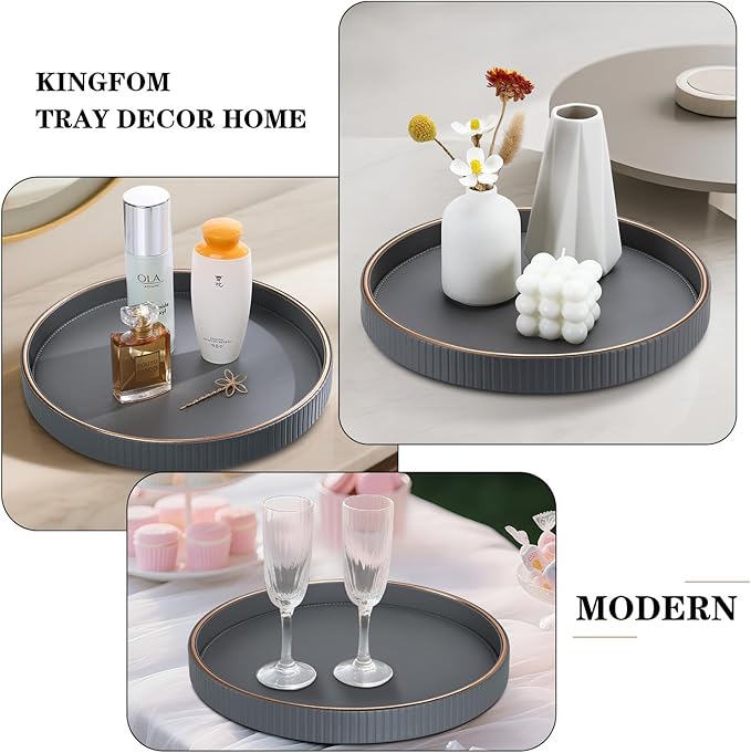 KINGFOM Round Decorative Tray, PU Leather Vanity Tray Organizer with Gold Trim for Dresser, Coffee Table & Bathroom Counter, Modern Home Decor Jewelry & Perfume Tray for Men Women (Gray)