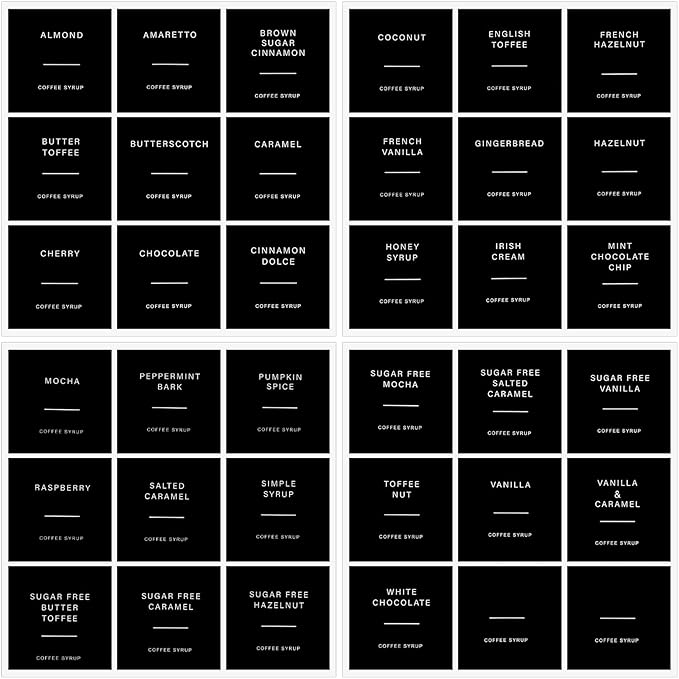 72pcs Coffee Syrup Labels for Glass Bottles, Coffee Labels Stickers for Coffee Bar and for Syrup Dispenser Drinking Bottle Glass Cups Organization, Black