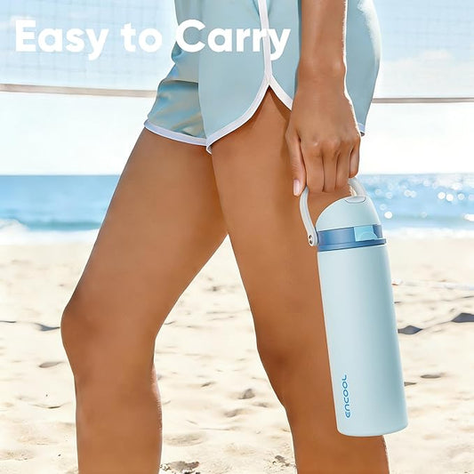 Insulated Water Bottle with Straw - Encool Stainless Steel Water Bottle with Push Button Lid, Leak-Proof & BPA-Free, Keeps Cold for 24 Hours for Sports, Travel, Gym (40 oz, Jungle Mist)
