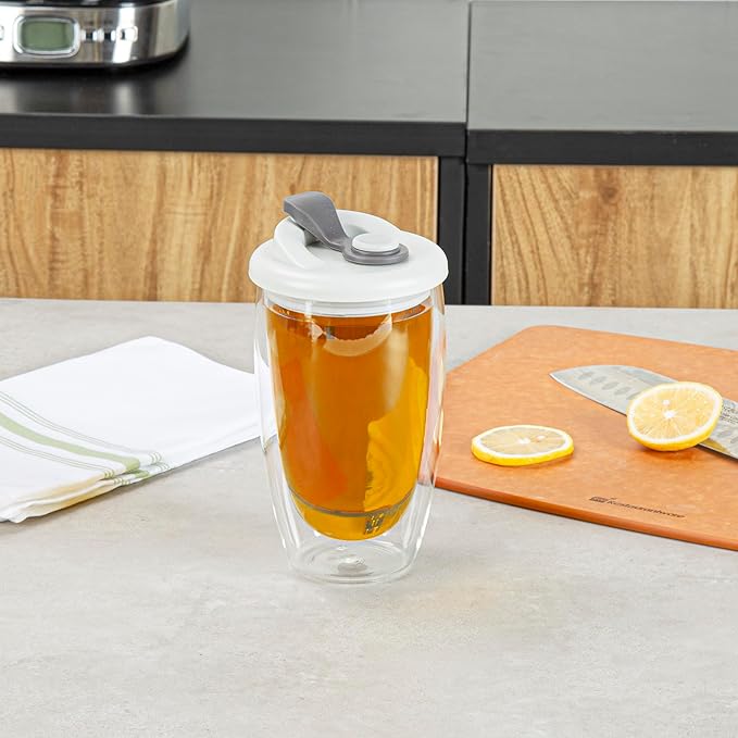 Restaurantware Glass Travel Mug 1 Count 15 Ounce Double Wall Borosilicate Reusable Coffee Cup, Spill-Resistant Gray Silicone Lid, Clear Drinkware Mug for Hot and Cold Beverages