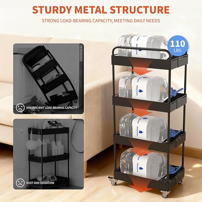 HOTEAGLE 4-Tier Rolling Cart Metal Expandable Utility Carts with Wheels, Ideal Storage Organizer for Livingroom, Bedroom, Kitchen and Bathroom, Black