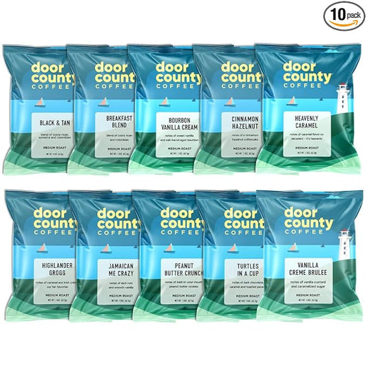 Gourmet Flavored Coffee Sampler Pack - 10 Bags of Unique Flavored Coffees – 100% Specialty Grade 1 Arabica -1.5 oz Full-Pot Bags - Roasted by Door County Coffee