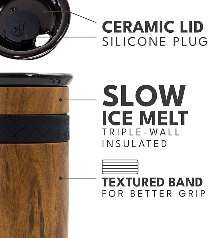Elemental Artisan Insulated Tumbler, Triple Wall Coffee Travel Mug, Reusable Stainless Steel Coffee Tumbler with Ceramic Lid, Thermal Coffee Cups for Hot (6 Hrs) & Cold (18 Hrs), 12oz - Teak Wood