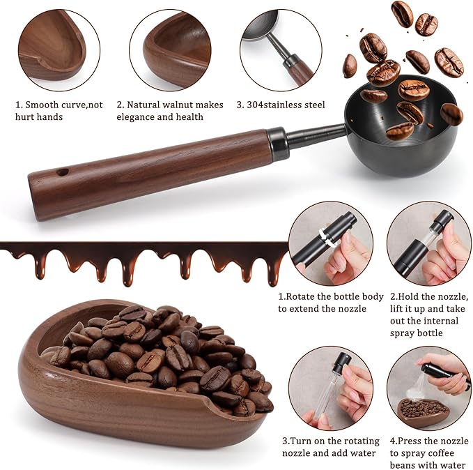 3pcs Coffee Bean Dosing Cup Set with Gift Box, Dosing Walnut Wood Cups Stainless Steel Spoon Portable Spray Bottle Static Reduction Precise Measuring for Espresso Tea Coffee Bar Accessories Kit
