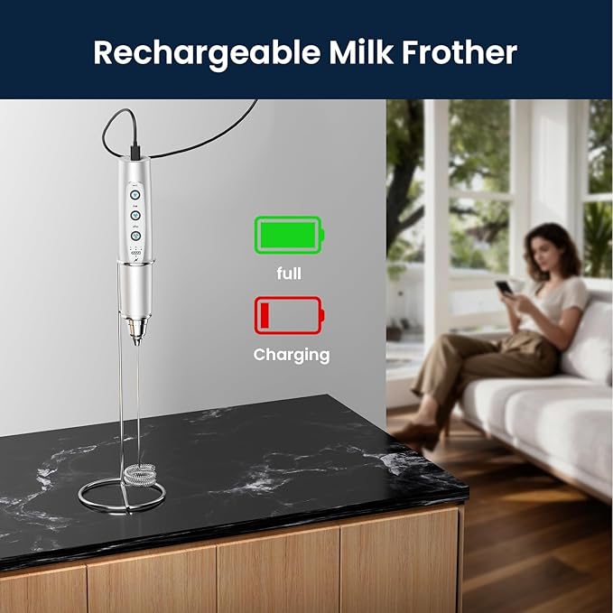 Milk Frother with Stand Rechargeable-Handheld Frother Wand with 3 Stainless Whisks 3 Speed Adjustable, Electric Whisk Drink Mixer, Foam Maker Blender for Matcha Latte Cappuccino Chocolate
