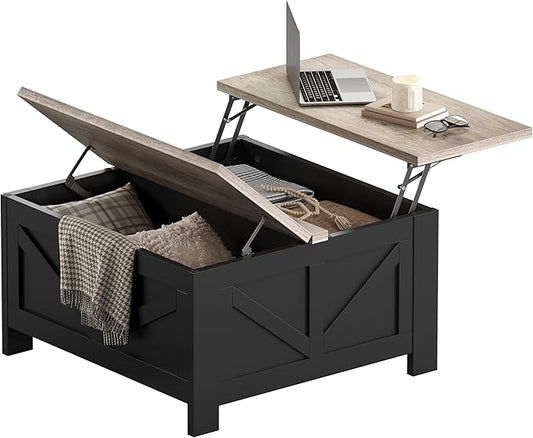 Yaheetech Lift Top Coffee Table with Storage, Square Coffee Table for Living Room, 31.5 Inches Center Tables with Large Hidden Storage Compartment for Home Office, Black&Gray