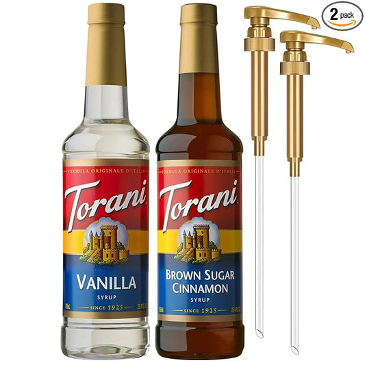 Torani Syrups, Brown Sugar Cinnamon and Vanilla Syrup Variety 2-Pack, Coffee Syrups for Drinks, Pumps Included, 25.4 Fl Oz Ea