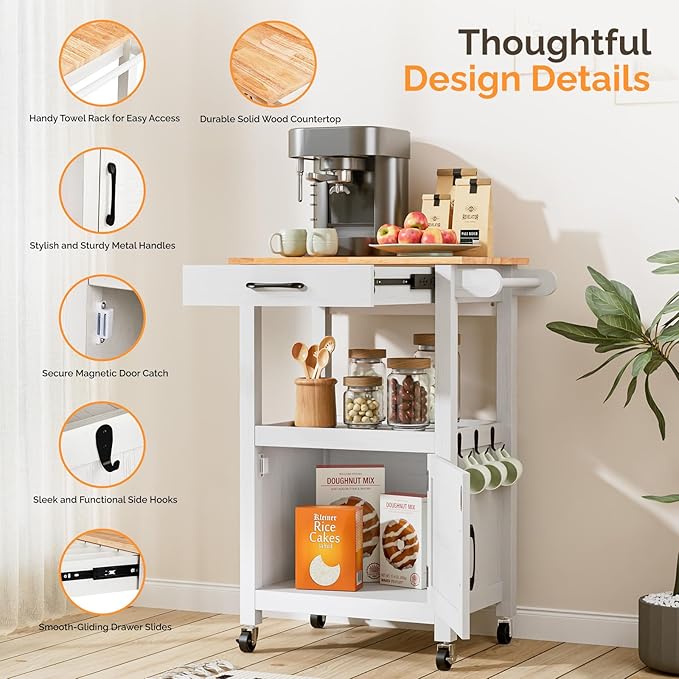 VINGLI Small Kitchen Island Cart on Wheels with Storage, Rolling Kitchen Island with 1 Drawer & 1 Shelf, Towel Rack & Cabinet, Kitchen Island Cart with Storage, White
