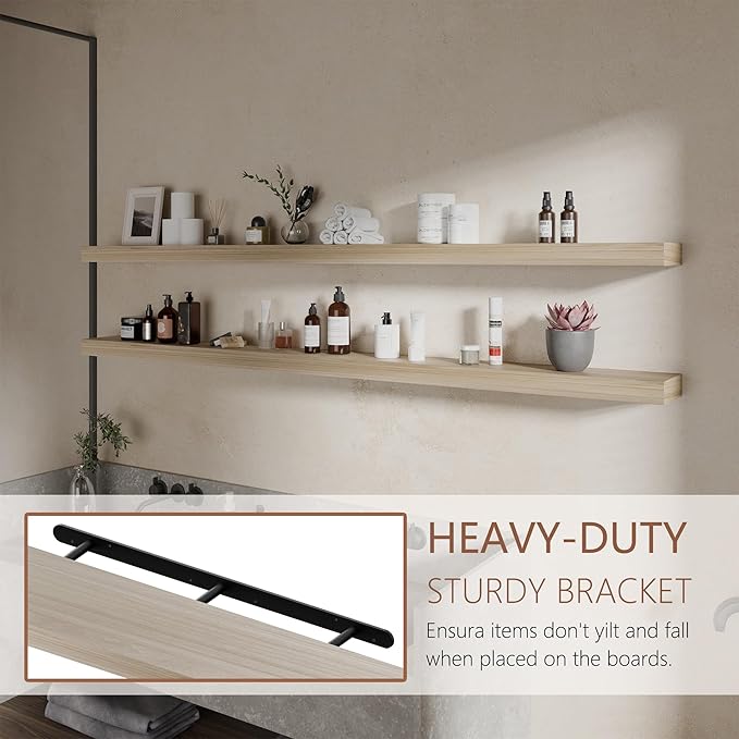 72 inch Long Floating Shelves for Wall,Solid Wood Long Wall Shelves Set of 2,Natural Wooden Mounted Shelf,Bookshelf Bathroom Shelves (Natural, 72 Inch)