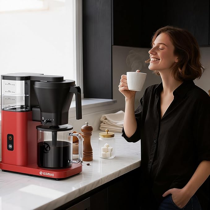Kismile 8-Cup Drip Coffee Maker,Rapid Heating System for Seconds Brewing,Automatic Pour Over Coffee Machine,Detachable Water Tank,Dishwasher Safe,Adjustable Flow Control,Hot & Iced,Red