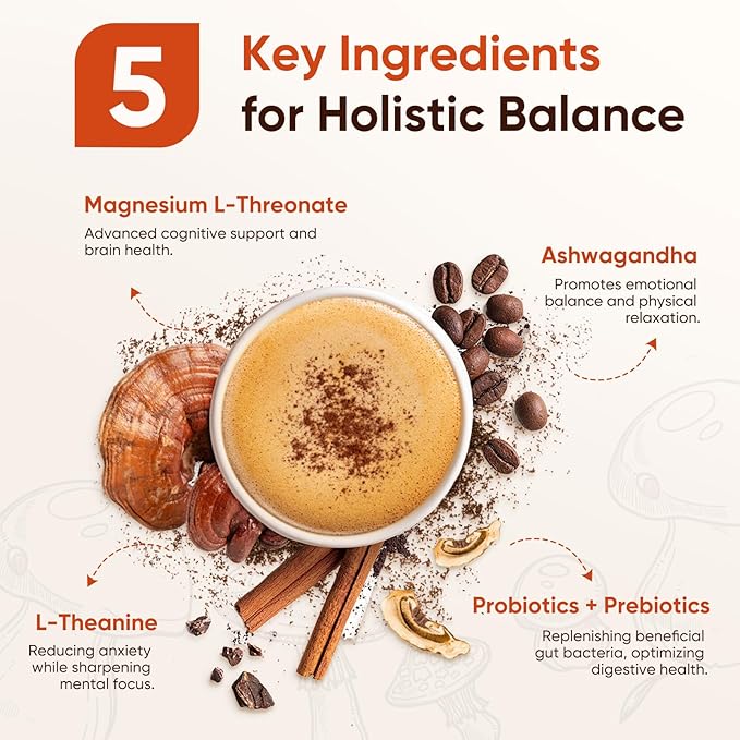 Mushroom Coffee, 12 Mushrooms Powder Blend Ashwagandha, Lion's Mane, Chaga and Probiotics, Mushrooms Instant Coffee Latte for Focus, Gut & Immunity Health- 30 Servings
