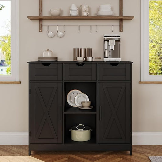 Storage Cabinet, Coffee Bar Cabinet with 2 Adjustable Shelves, 3 Drawers, and 2 Doors, for Bathroom, Kitchen, Living Room (Black)