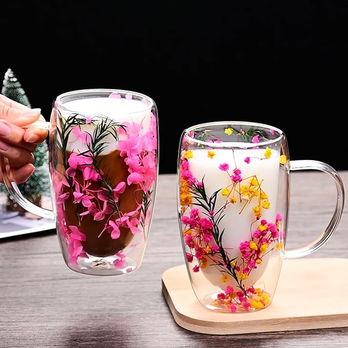 15.22oz, Double Wall Borosilicate Glass Coffee Mug with Heat-Resistant Handle, Insulated Flower Tea Cup, Multi-Color Options (pink,15.22oz)