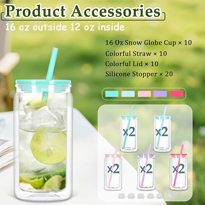 16 Oz Plastic Snow Globe Tumbler with Lid and Straw, 10 Pack Double Wall Pre Drilled Plastic Mason Jar Cups Can for Snow Globe Glitter DIY Gift(Mixed Colors)